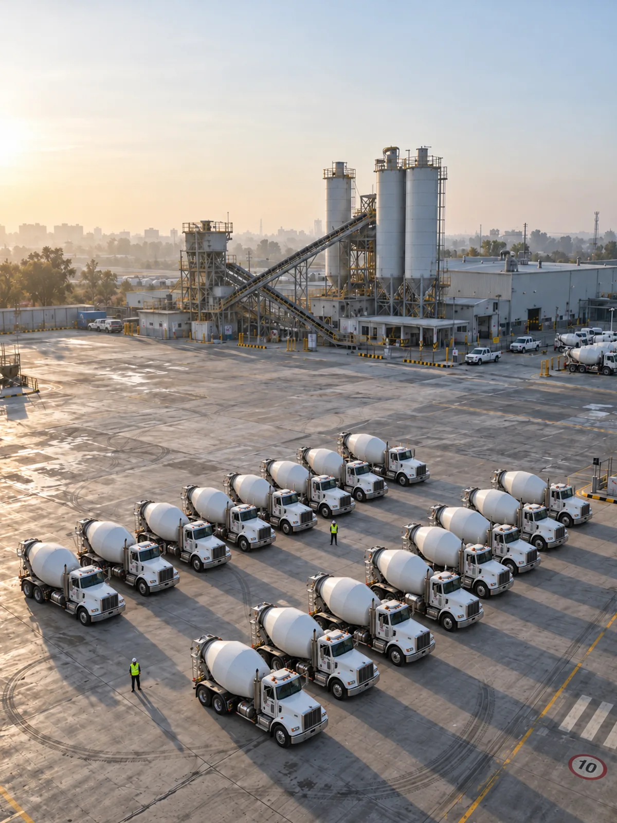 Fleet of concrete mixer trucks lined up at a batch plant at dawn